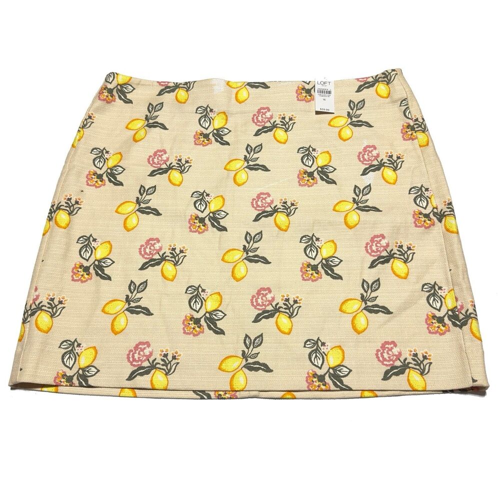 LOFT Women’s beige lemon Print floral zip back cotton mini skirt SIZE 16 NWT